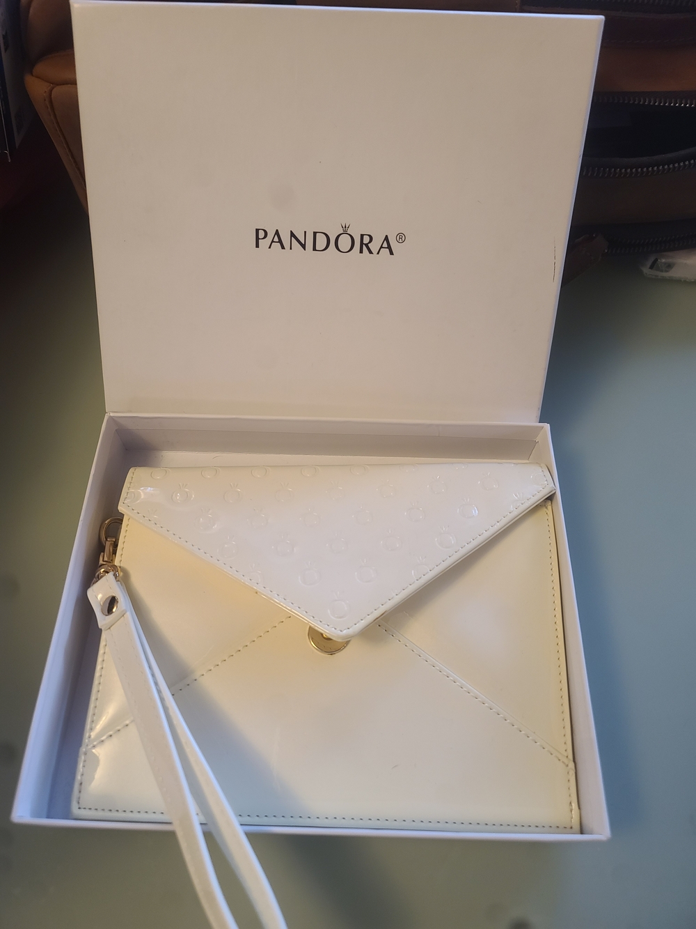 Pandora White Patent Envelope Wristlet Clutch with Gold Hardware